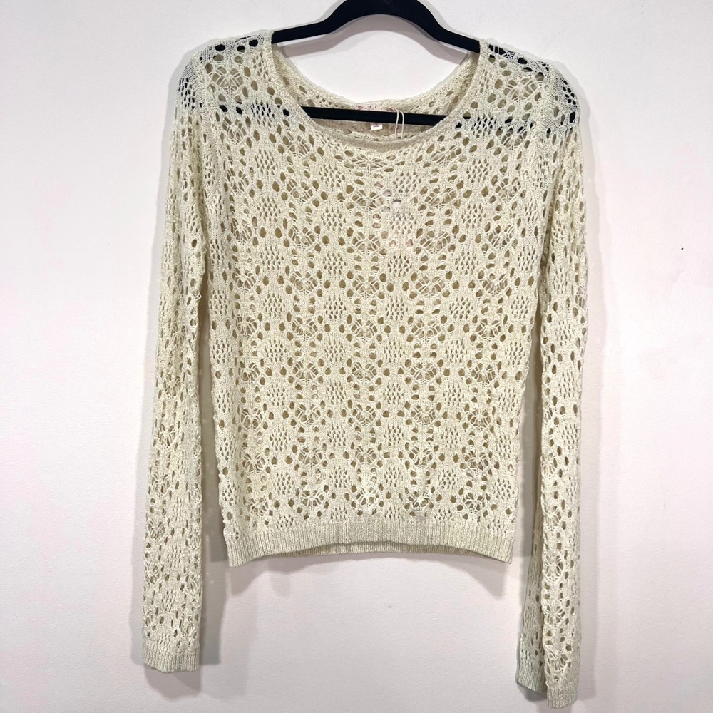 Hem & Thread Open Knit Crochet Sweater Lightweight Boho Long Sleeve S